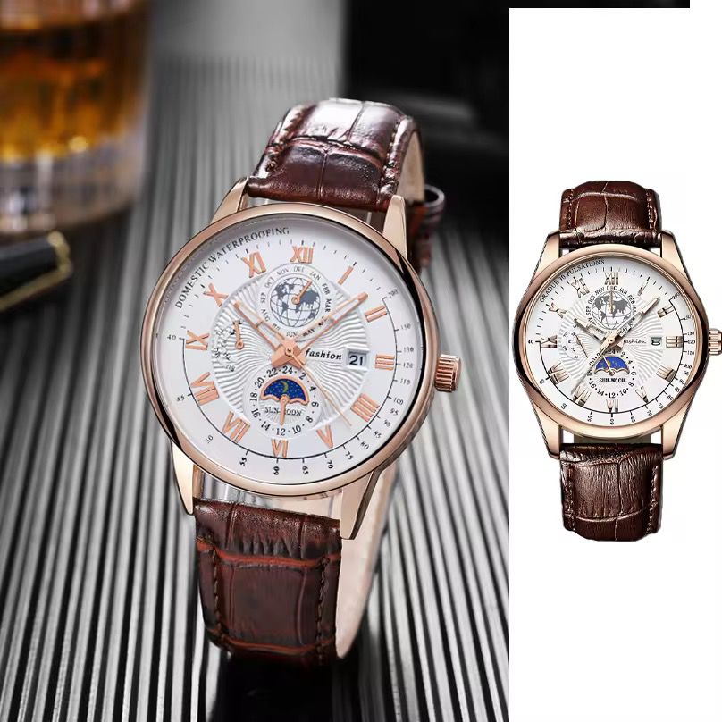 montre pour hommes en cuire avec calendrier à trois yeux ciel étoilé lune