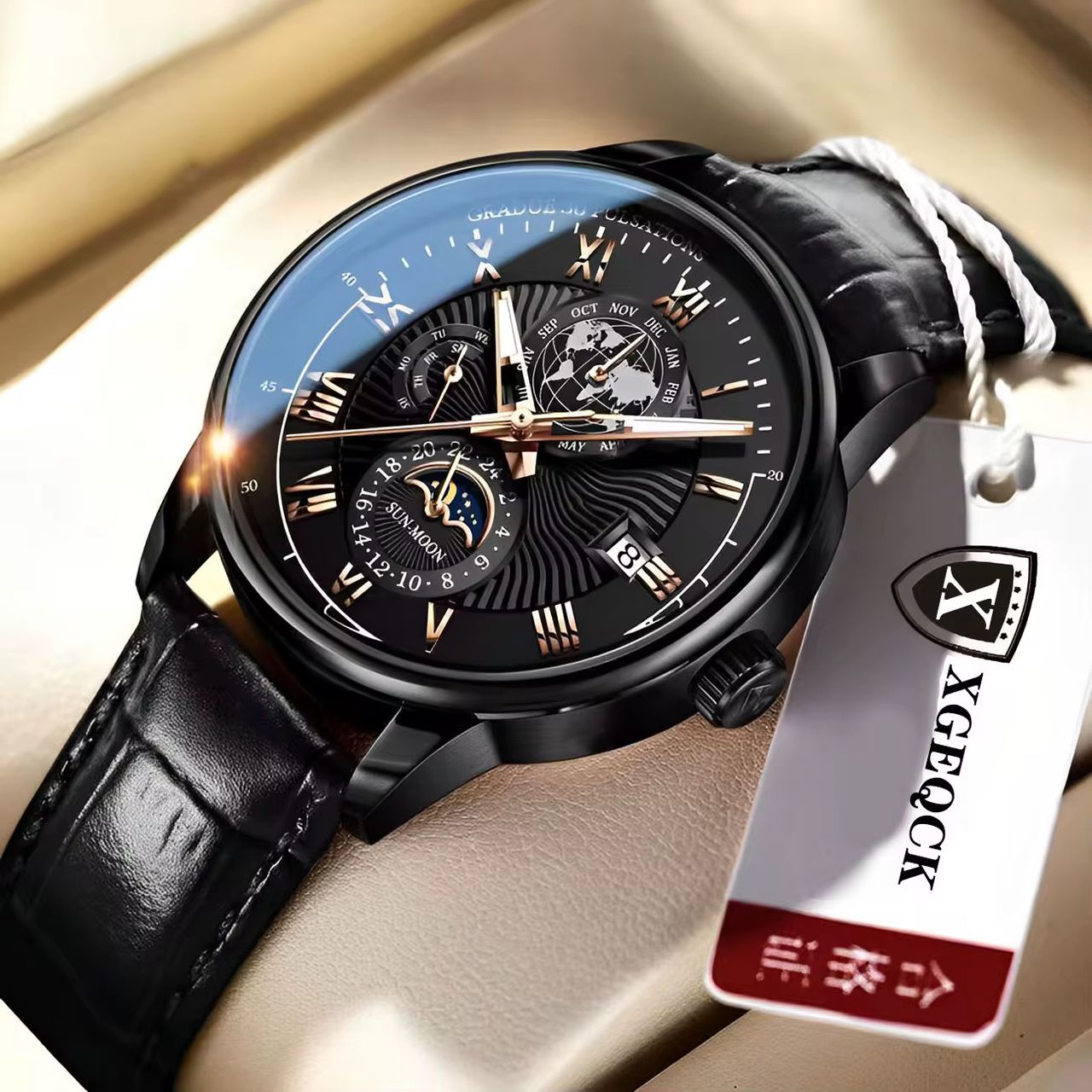 montre pour hommes en cuire avec calendrier à trois yeux ciel étoilé lune