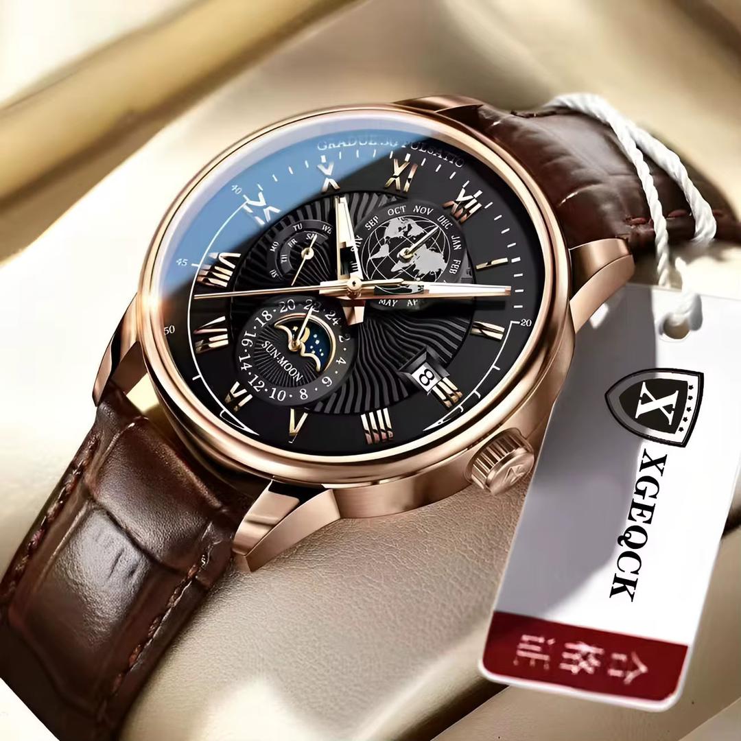montre pour hommes en cuire avec calendrier à trois yeux ciel étoilé lune