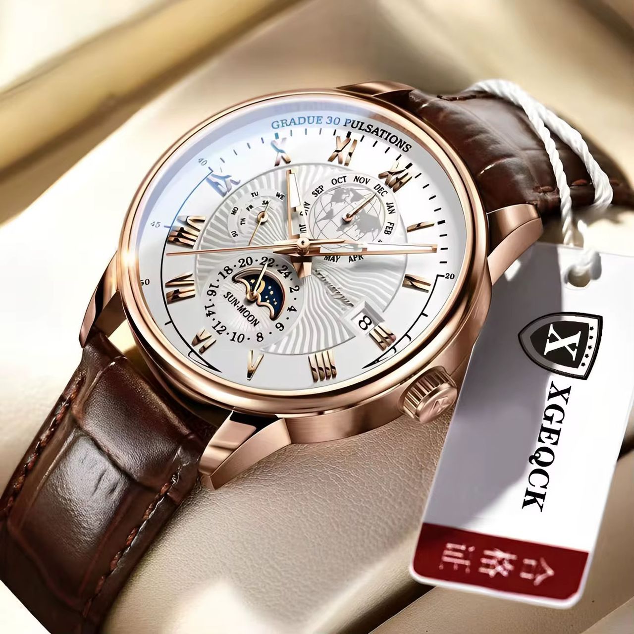 montre pour hommes en cuire avec calendrier à trois yeux ciel étoilé lune