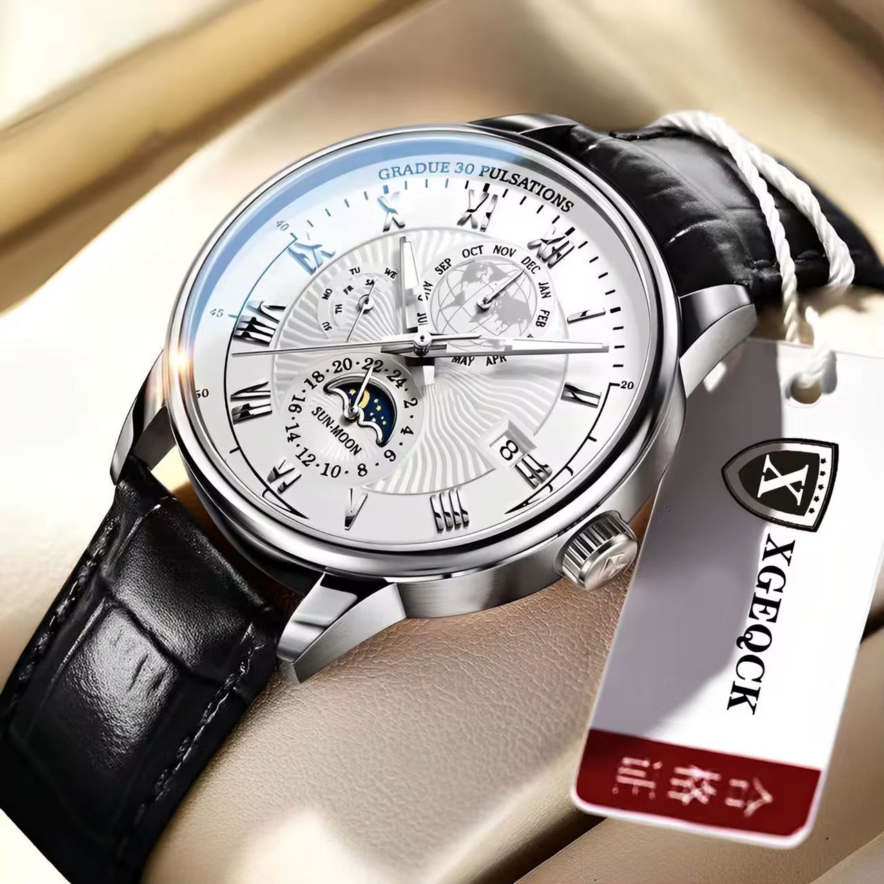 montre pour hommes en cuire avec calendrier à trois yeux ciel étoilé lune
